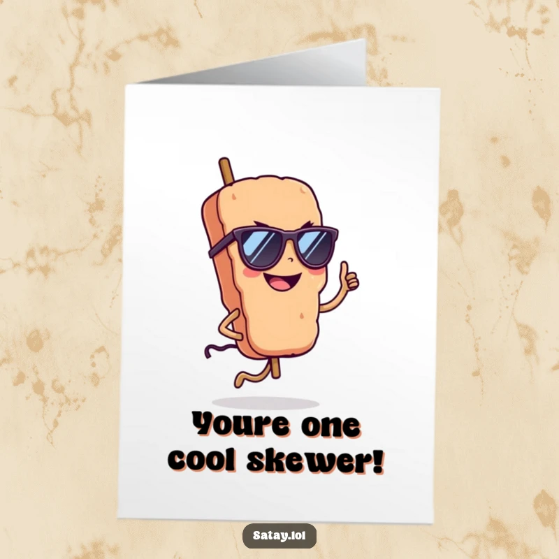 Funny Free Printable Congratulations Card: A satay skewer in sunglasses grins confidently, performing a celebratory hop.