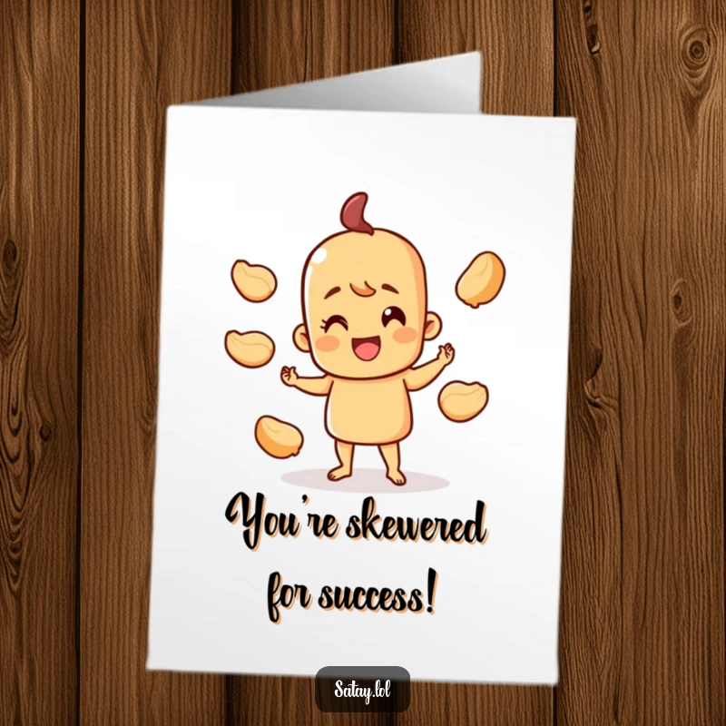 Funny Free Printable Congratulations Card depicting a happy satay skewer character skillfully juggling three small peanut shells, a playful congratulatory message.