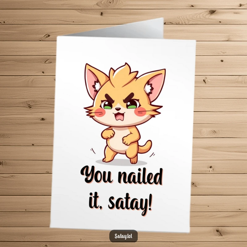 Funny free printable congratulations card with a determined satay skewer running fast to celebrate a big win.
