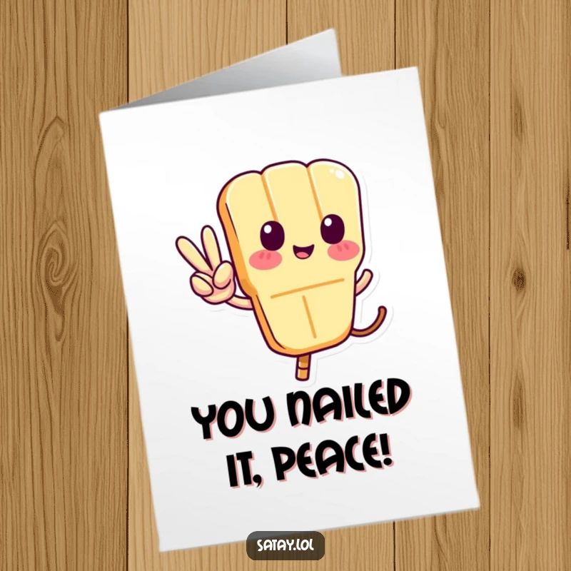 Funny Free Printable Congratulations Card: Satay skewer character flashing a peace sign with its tail.