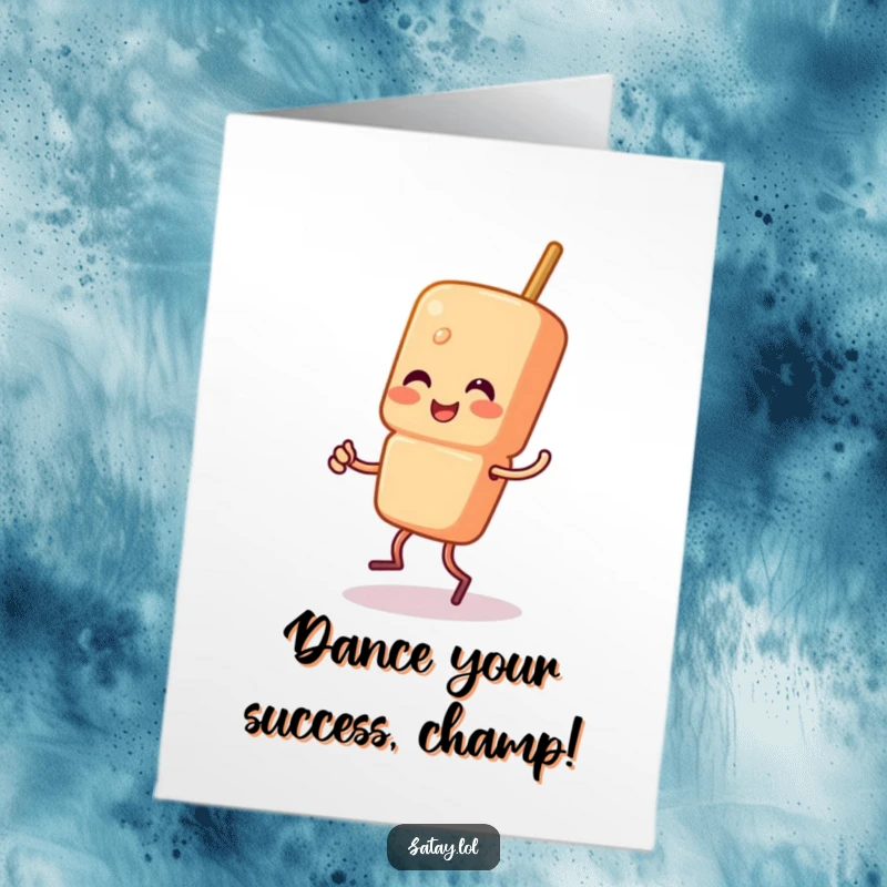 Funny Free Printable Congratulations Card: A satay skewer character enthusiastically doing a happy jig.