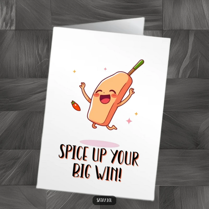 Funny Free Printable Congrats Card: A satay skewer jumps joyfully while a tiny chili pepper enthusiastically waves, celebrating achievement.