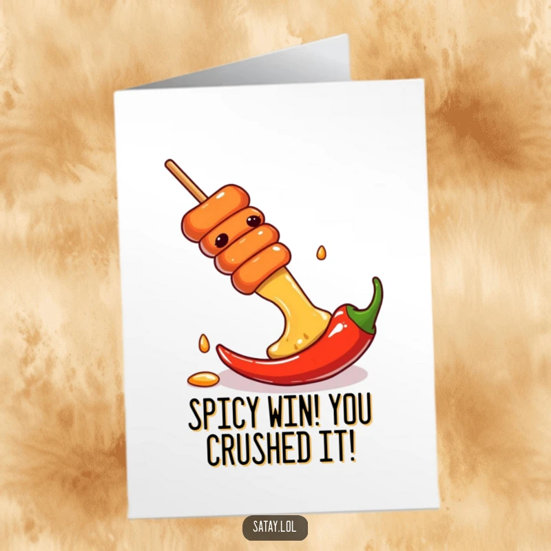Funny Free Printable Congratulations Card: A satay skewer takes a wild ride, sliding down a hot chili pepper with excitement.