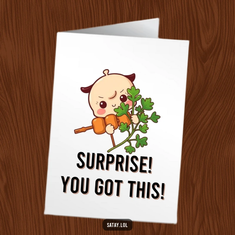 Funny Free Printable Congratulations Card: A satay skewer character peeking mischievously from behind parsley.