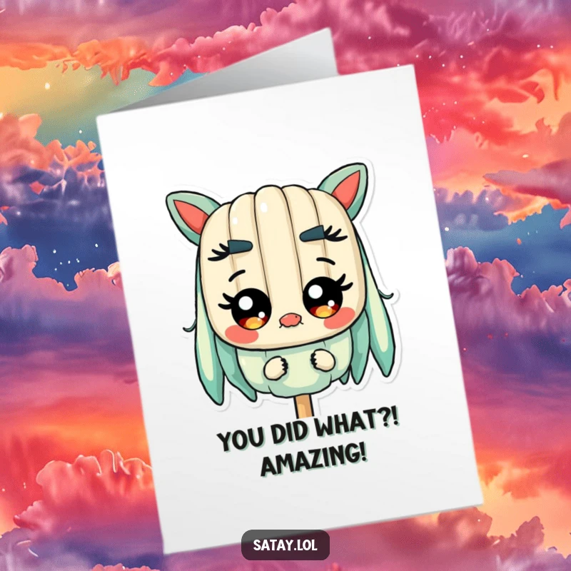 Funny Free Printable Congratulations Card: Satay skewer character showing surprise with wide, shiny eyes.