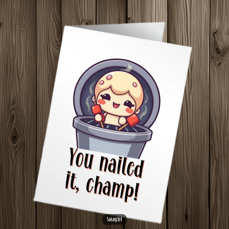Funny Free Printable Congratulations Card: a satay skewer character making a funny face while peeking from a grill after a big win.