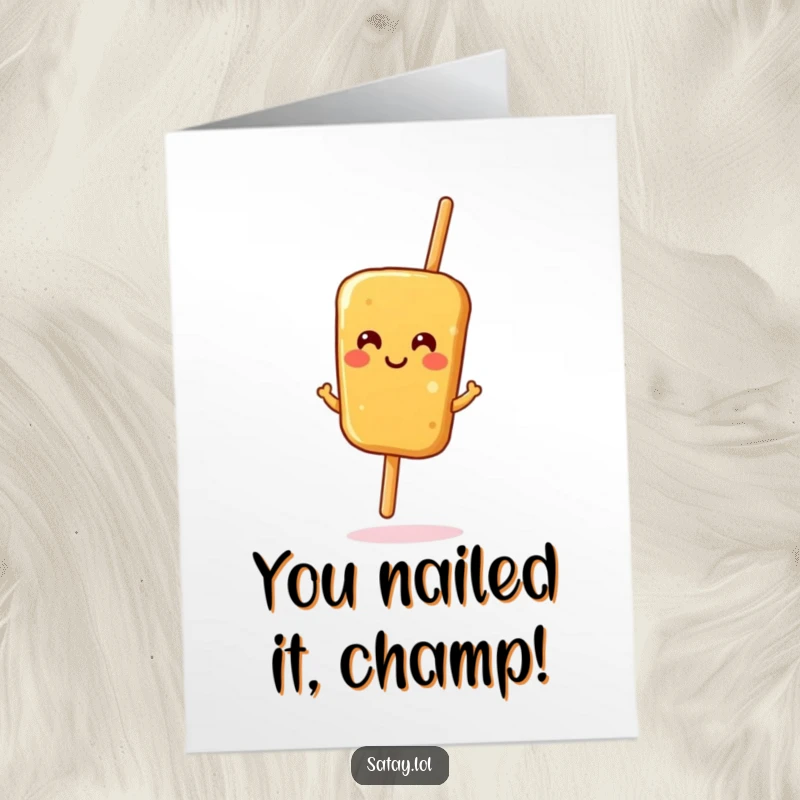 Funny Free Printable Congrats Card: A happy satay skewer performs a joyful jig, celebrating your success with delicious flair.