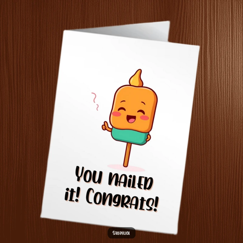 Funny Free Printable Congratulations Card with a satay skewer character pointing excitedly towards a delicious aroma, celebrating a great achievement.