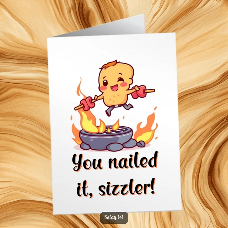 Funny Free Printable Congratulations Card showing a satay skewer character triumphantly leaping over a flaming grill.