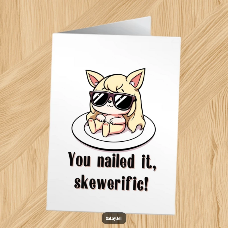 Funny Free Printable Congrats Card: Satay character relaxed in sunglasses, embodying chill celebration vibes for success.