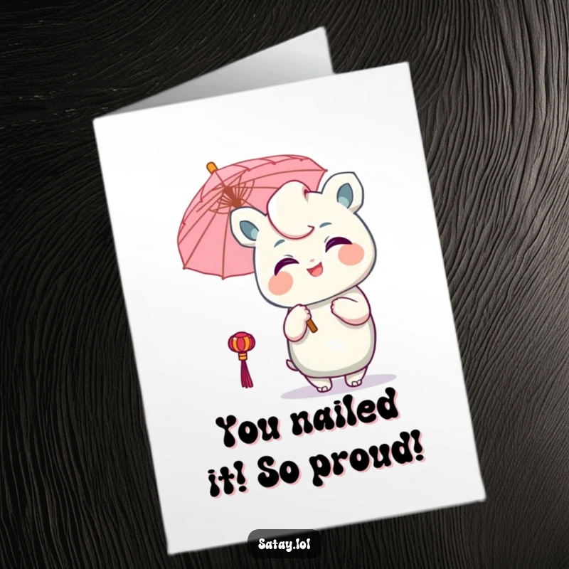 Funny Free Printable Congrats Card: Winking satay character holding a tiny umbrella, symbolizing a chic celebration.