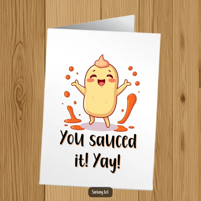 Funny Free Printable Congratulations Card: A happy satay character dancing with sauce splatters, celebrating your win.