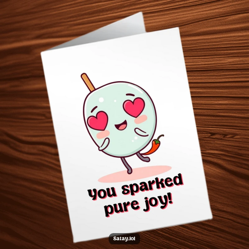 Funny Free Printable Congratulations Card: a satay skewer character smitten with heart eyes, chased by a tiny chili pepper, celebrating a passionate win.