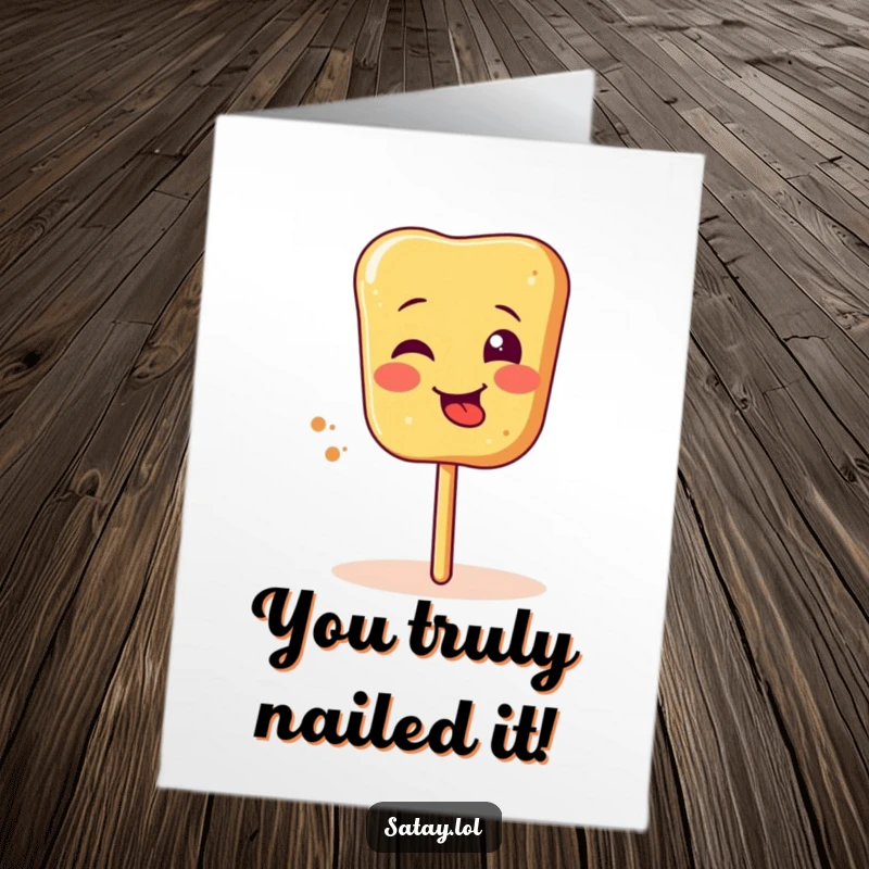 Funny Free Printable Congrats Card with a satay skewer sticking its tongue out and spinning, celebrating success with humor.