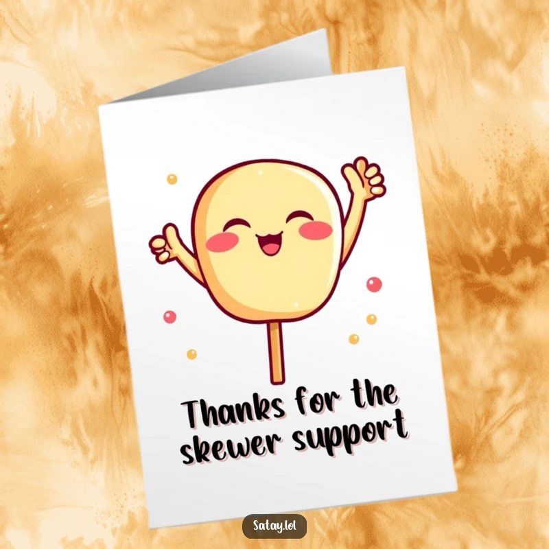 Funny free printable thank you card featuring a happy satay skewer with tiny arms up, cheering.
