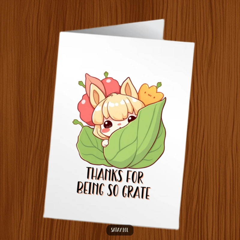 Funny Free Printable Thank You Card: A satay character peeking from behind a leafy garnish with a grin, sending thanks.