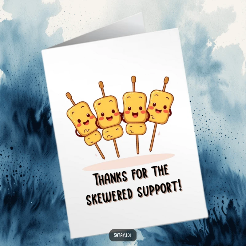 Funny Free Printable Thank You Card: Satay skewers doing a happy jig, expressing heartfelt appreciation.