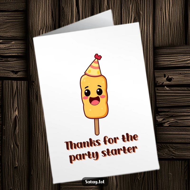 Funny Free Printable Thank You Card: An excited satay skewer wearing a party hat, a fun downloadable gift.