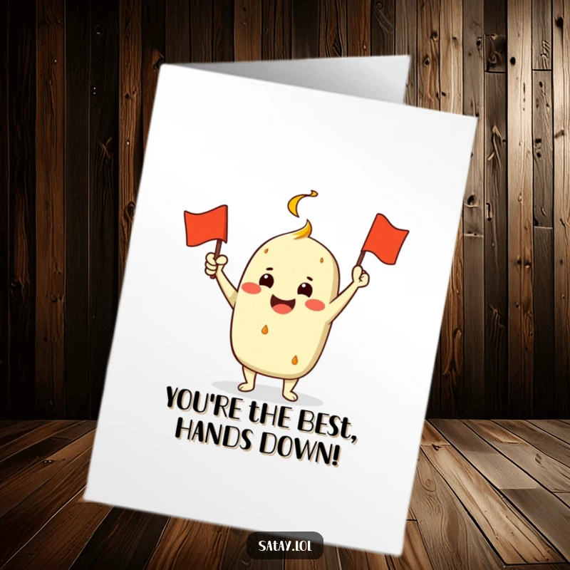 Funny Free Printable Thank You Card: Jubilant satay character waves a miniature grill flag, conveying sincere thanks.