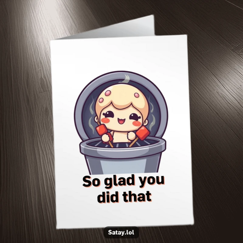 Funny Free Printable Thank You Card: a satay skewer character peeking from a grill, making a comically charred face to say thanks.