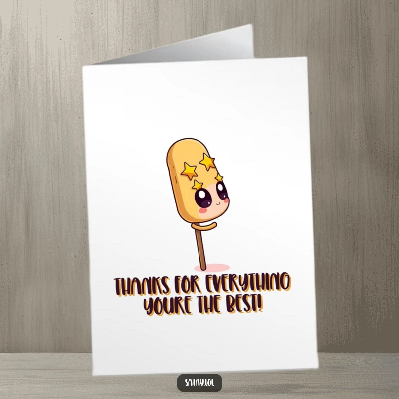 Funny Free Printable Thank You Card: Satay skewer character with starry eyes, gazing longingly at a giant peanut.