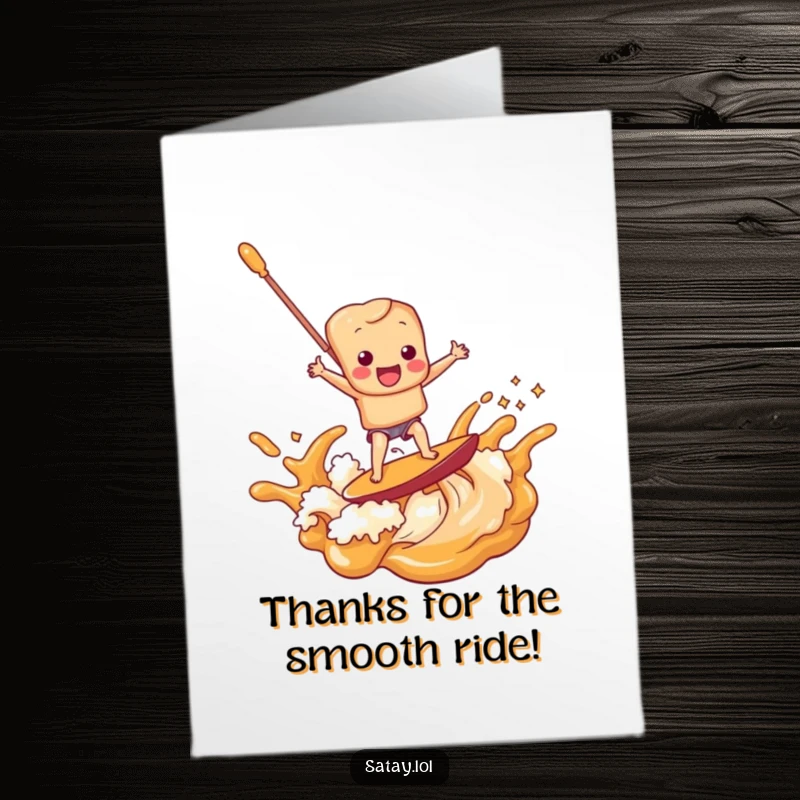 Funny Free Printable Thank You Card depicting a satay skewer character happily surfing a delicious peanut sauce wave.