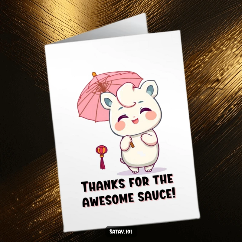 Funny Free Printable Thank You Card: Winking satay character with a tiny umbrella, offering heartfelt thanks.