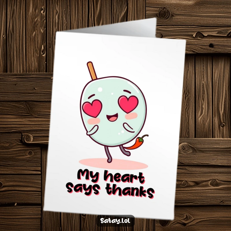 Funny Free Printable Thank You Card: a satay skewer with large heart eyes, being playfully pursued by a small, feisty chili pepper.
