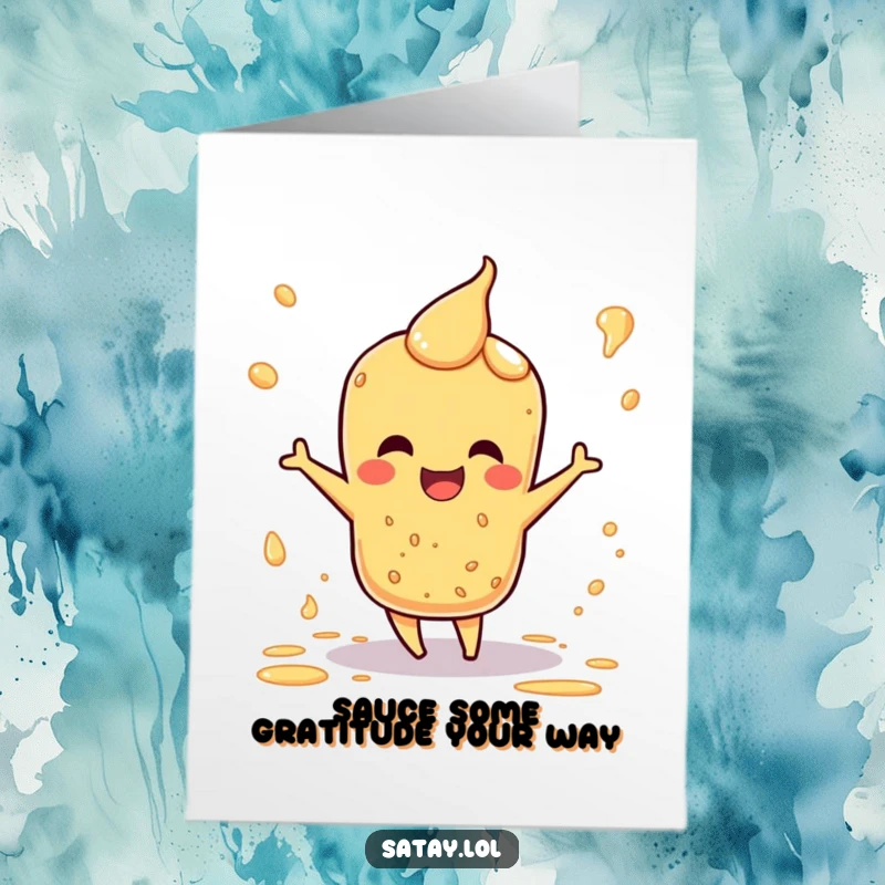 Funny Free Printable Satay Thank You Card: A happy satay skewer dances joyfully, with sauce splatters creating a festive thank you.