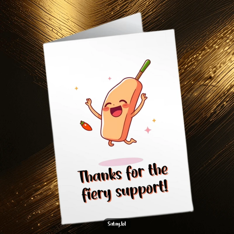Funny Free Printable Thank You Card: A satay skewer jumps with glee as a tiny chili pepper waves, expressing sincere thanks.