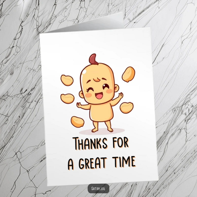 Funny Free Printable Thank You Card featuring a happy satay skewer character juggling three small peanut shells, a fun and quirky way to say thanks.