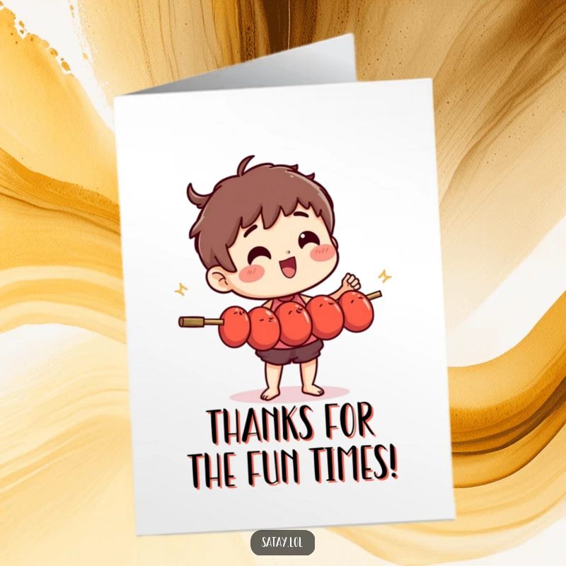 Funny Free Printable Thank You Card: Satay skewer character focused on juggling multiple small, wiggling meatballs.