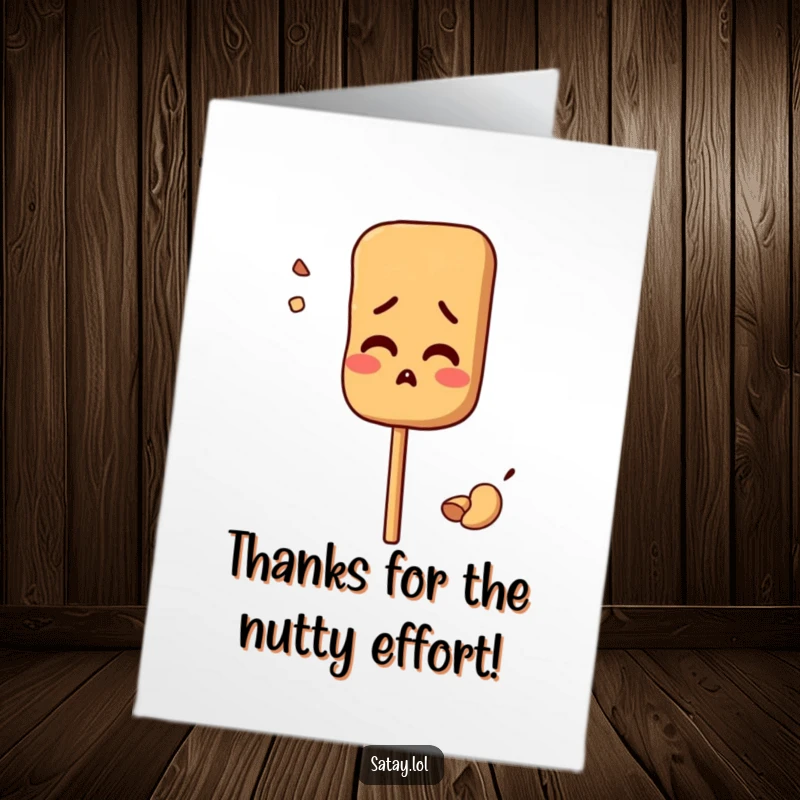 Funny Free Printable Thank You Card: A satay skewer character looks comically confused, a peanut stuck to it.
