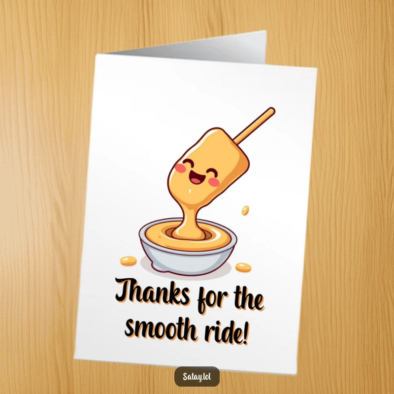 Funny Free Printable Thank You Card: A happy satay skewer slides down peanut sauce with joy, expressing thanks in a fun way.