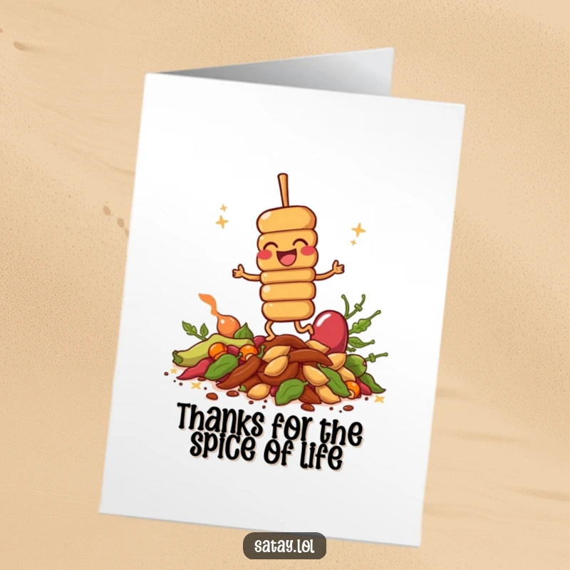 Funny Free Printable Thank You Card: A giggling satay skewer happily bounces on spices, conveying thanks with pure, unadulterated glee.