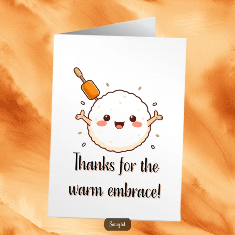 Funny Free Printable Thank You Card: A satay skewer joyfully embraces a fluffy rice ball, expressing sincere thanks with a warm hug.
