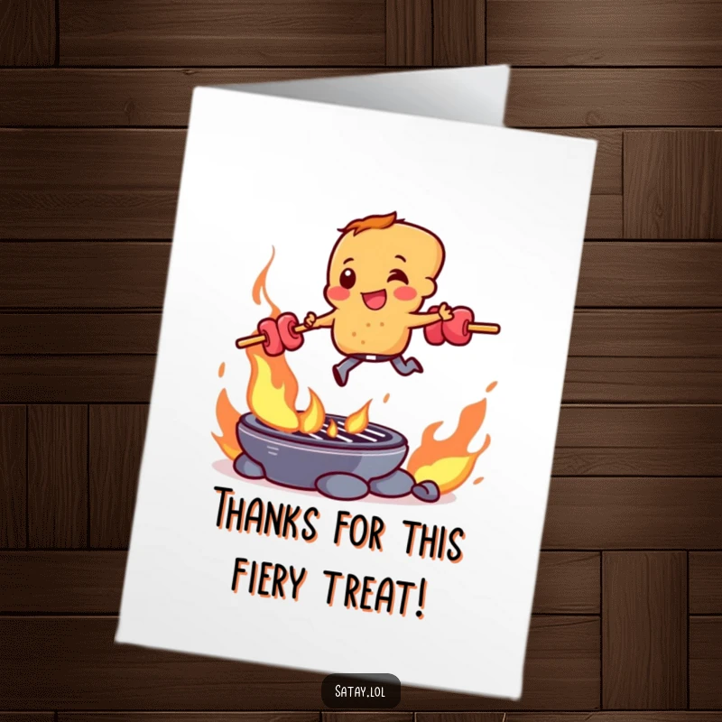 Funny Free Printable Thank You Card with a dynamic satay skewer character clearing a flaming grill with flair.