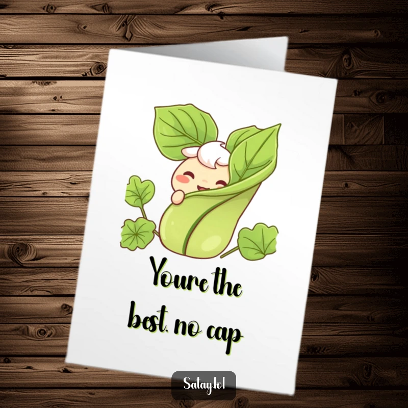 Funny Free Printable Satay Thank You Card: A satay skewer with a huge grin, emerging from behind a leafy garnish.