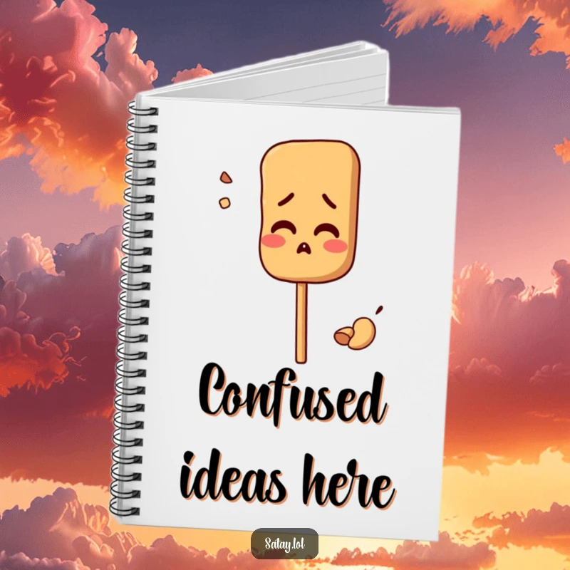 Funny notebook with a satay skewer character looking comically confused by a misplaced peanut; perfect for journaling thoughts.
