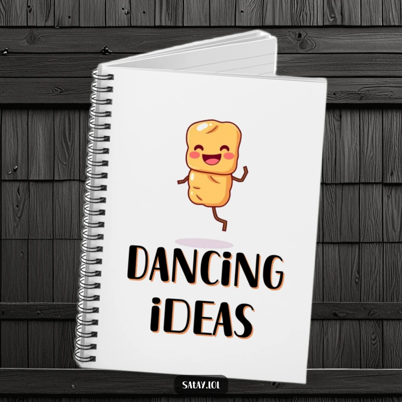Funny notebook with a grinning satay skewer character doing a jig, perfect for capturing food ideas.