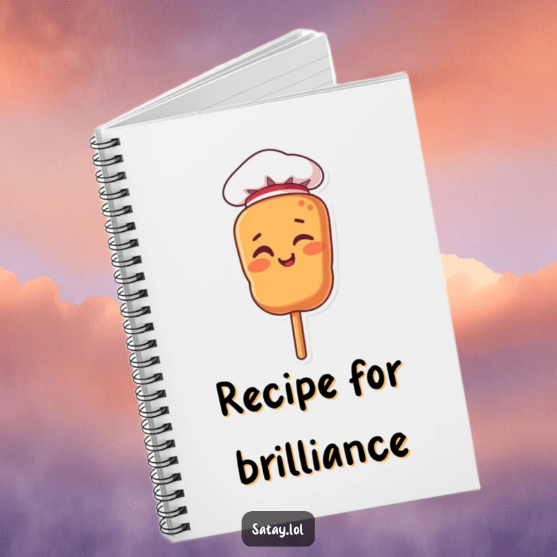 Funny notebook with a satay skewer character in a chef hat, giving a wink, ideal for recipe notes.