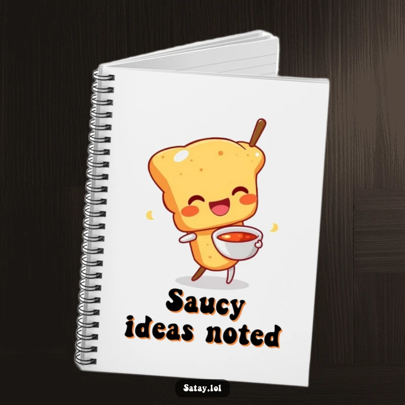 Funny notebook with a happy satay skewer character wiggling with a sauce bowl, perfect for jotting down delicious ideas.