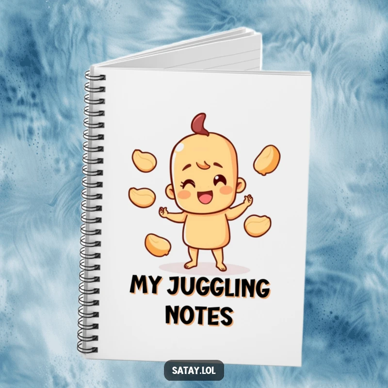 Funny happy satay skewer notebook, character juggling peanut shells with a smile, perfect for recipes and notes.
