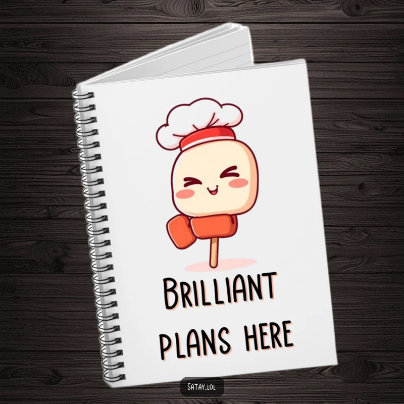 Funny notebook with a charming satay skewer chef in a hat, giving a wink and inspiring culinary notes.