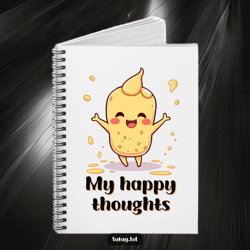 Funny notebook featuring a satay character doing a happy dance, surrounded by colorful sauce splatters.