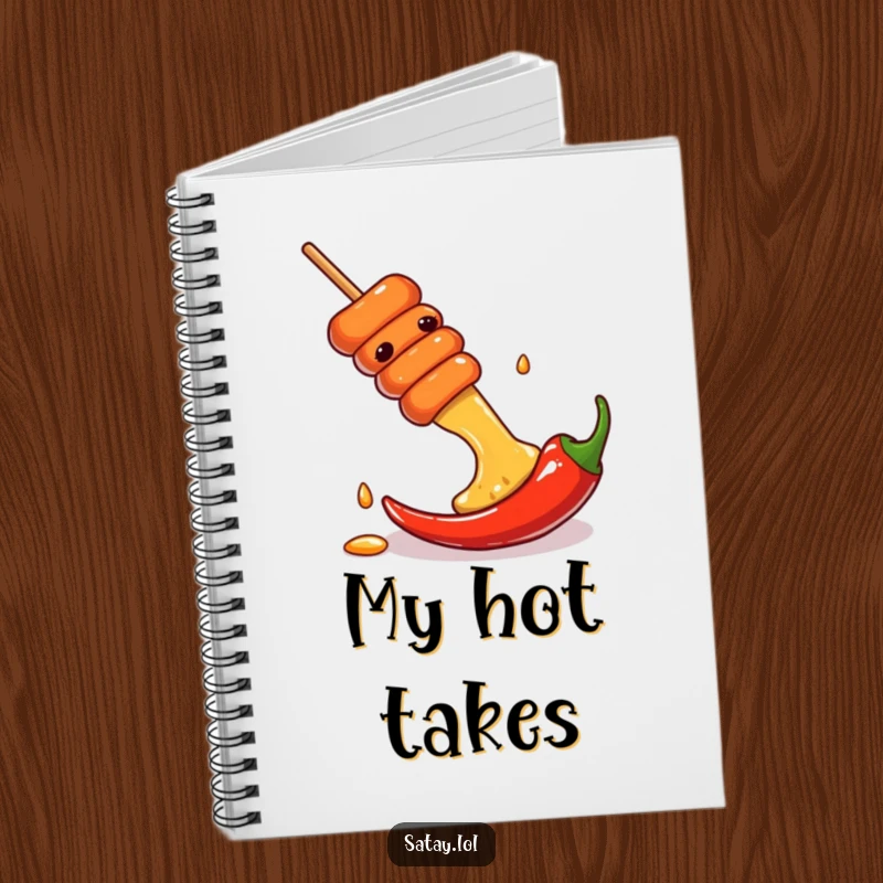 Funny notebook with a satay skewer sliding down a chili pepper, inspiring bold ideas and culinary creativity.