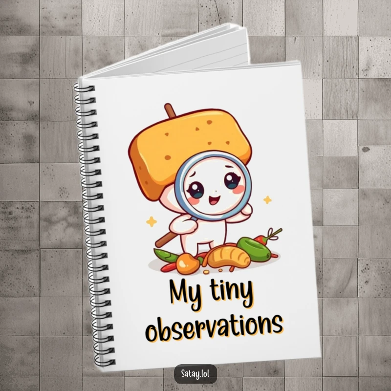 Funny satay skewer detective notebook, a skewer with a magnifying glass inspecting spices, a humorous journal for investigative minds.