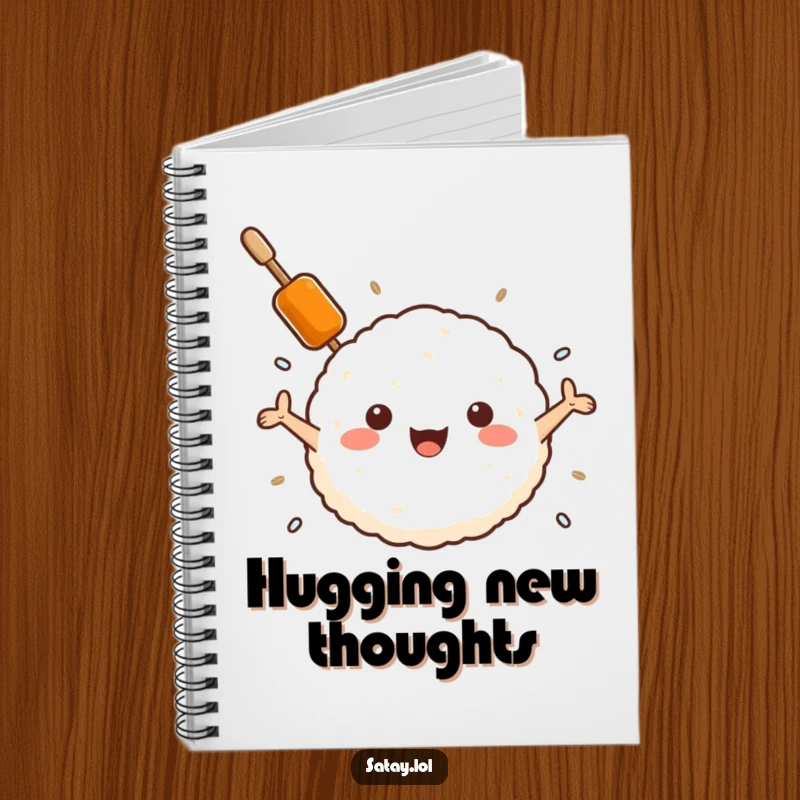 Funny satay skewer and rice ball notebook, a skewer embracing a rice ball, ideal for jotting down comforting ideas humorously.