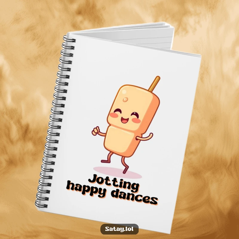 Funny Satay Skewer Notebook featuring a skewer character doing a happy jig, perfect for journaling creative ideas and cheerful notes with humor.