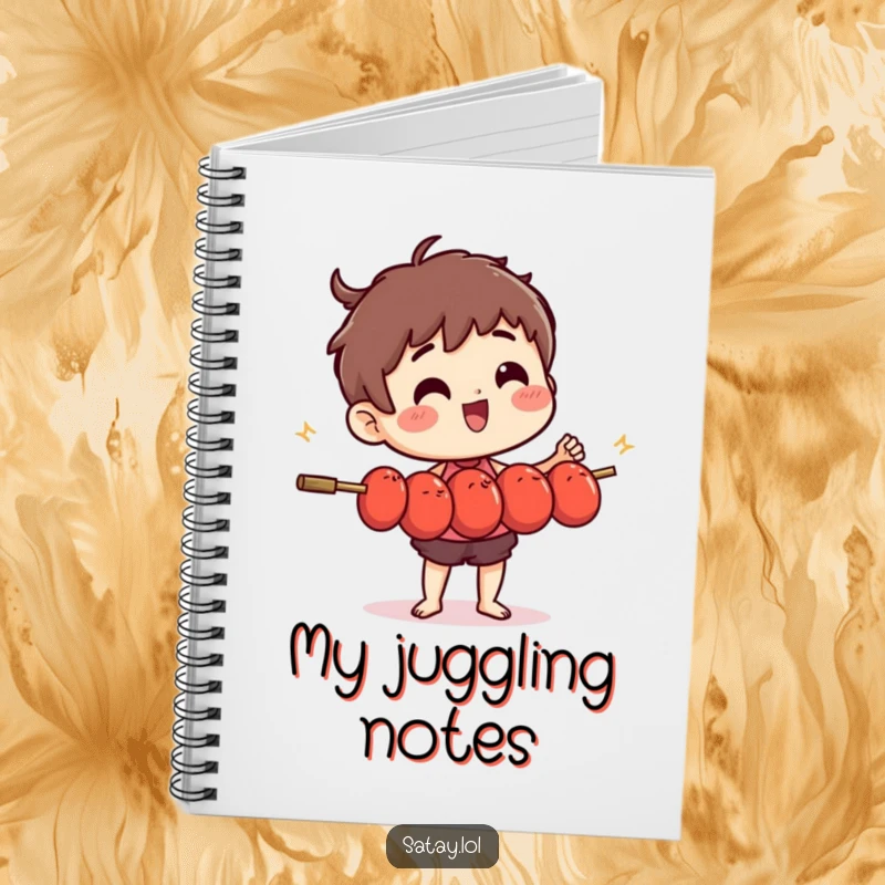 Funny satay skewer character in action, juggling several small, wiggling meatballs on the cover of a notebook.